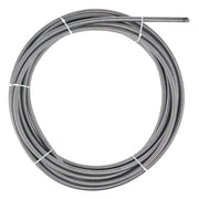 Coiled metal drain cable with helical ridged surface and secured with white bands.