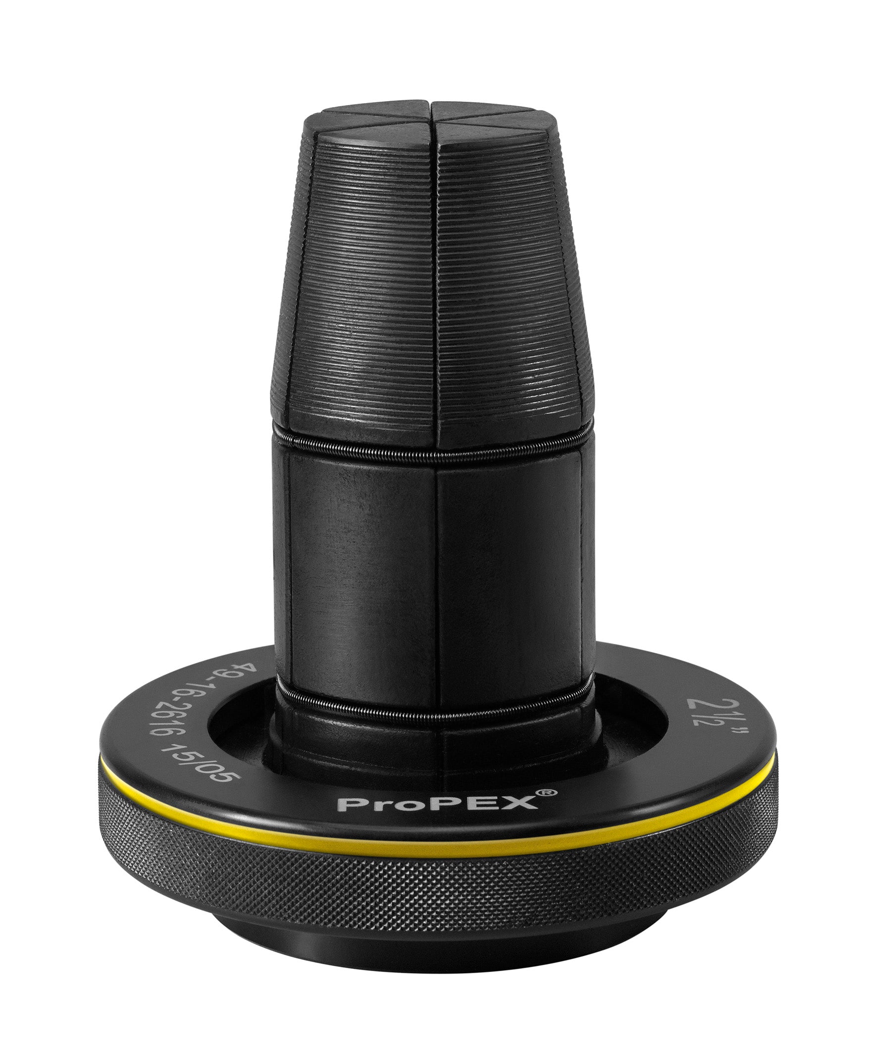 Black ProPEX expansion head with ribbed cone attachment and yellow-striped base with textured grip ring.