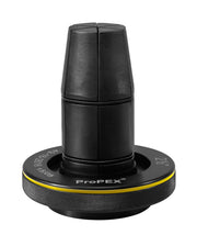 Black ProPEX expansion head with ribbed cone attachment and yellow-striped base with textured grip ring.