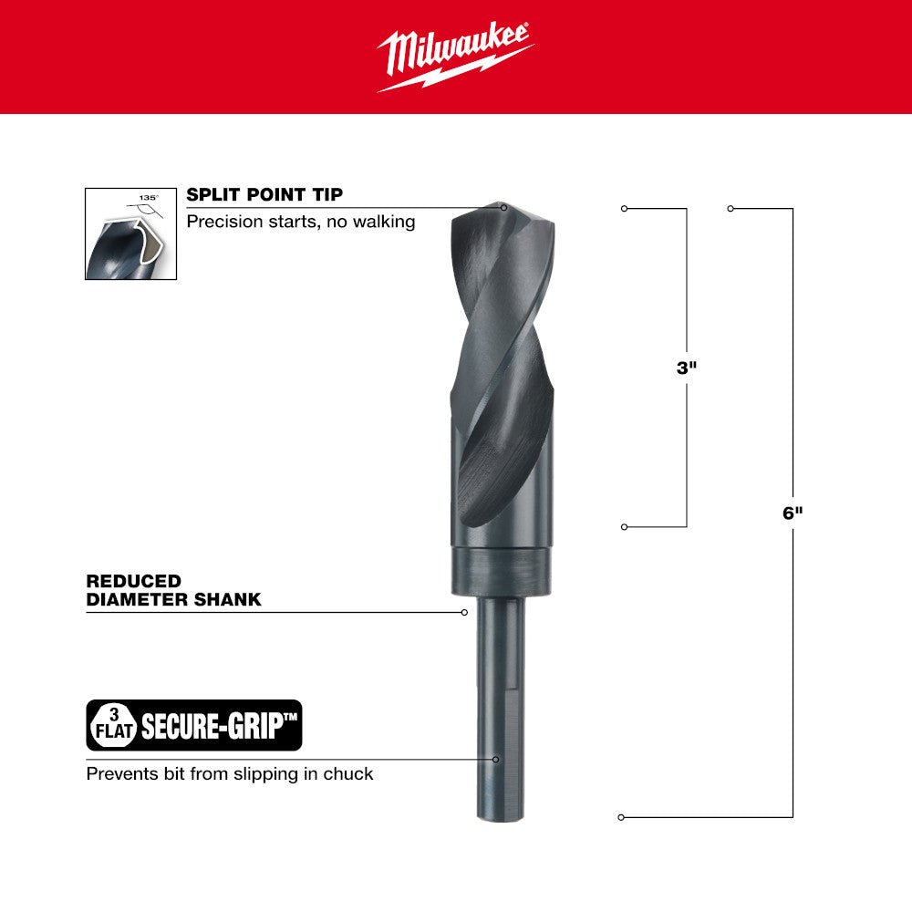 Black oxide twist drill bit with split point tip and reduced diameter shank, 6 inches total length.