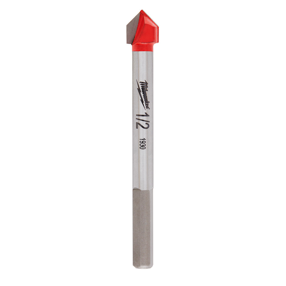 Milwaukee 1/2" carbide-tipped glass and tile drill bit with red tip and gray shaft.