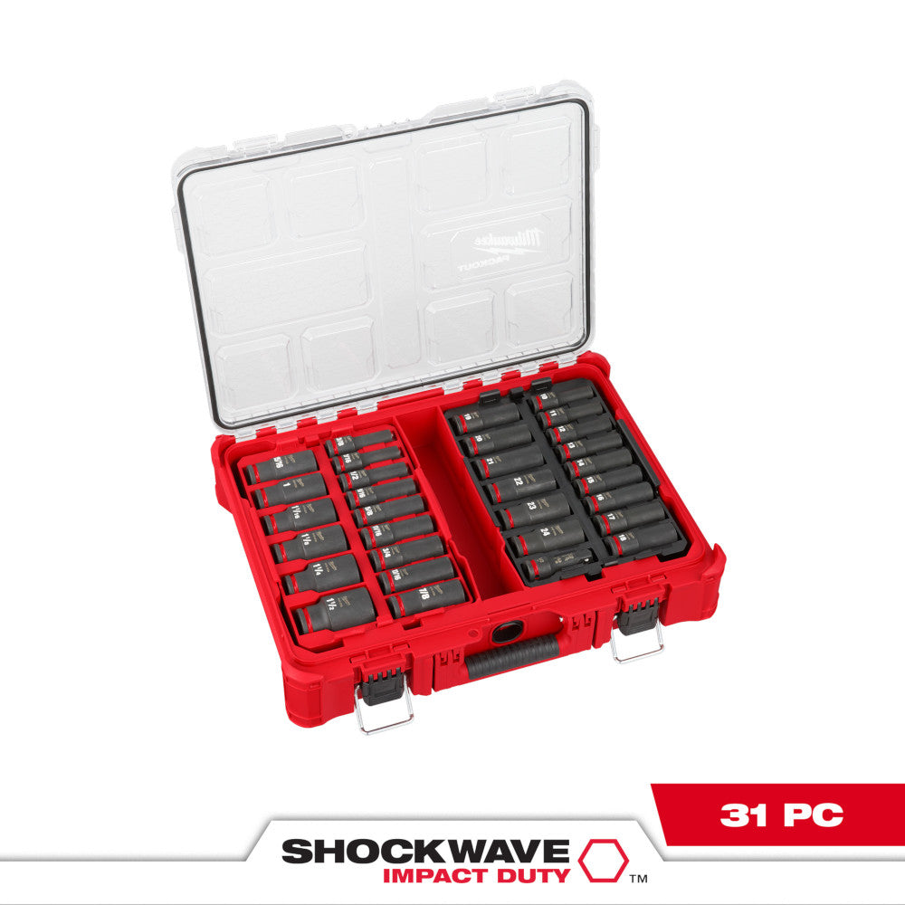 Milwaukee Shockwave 31-piece socket set with black impact sockets in red PACKOUT case, half-inch drive.