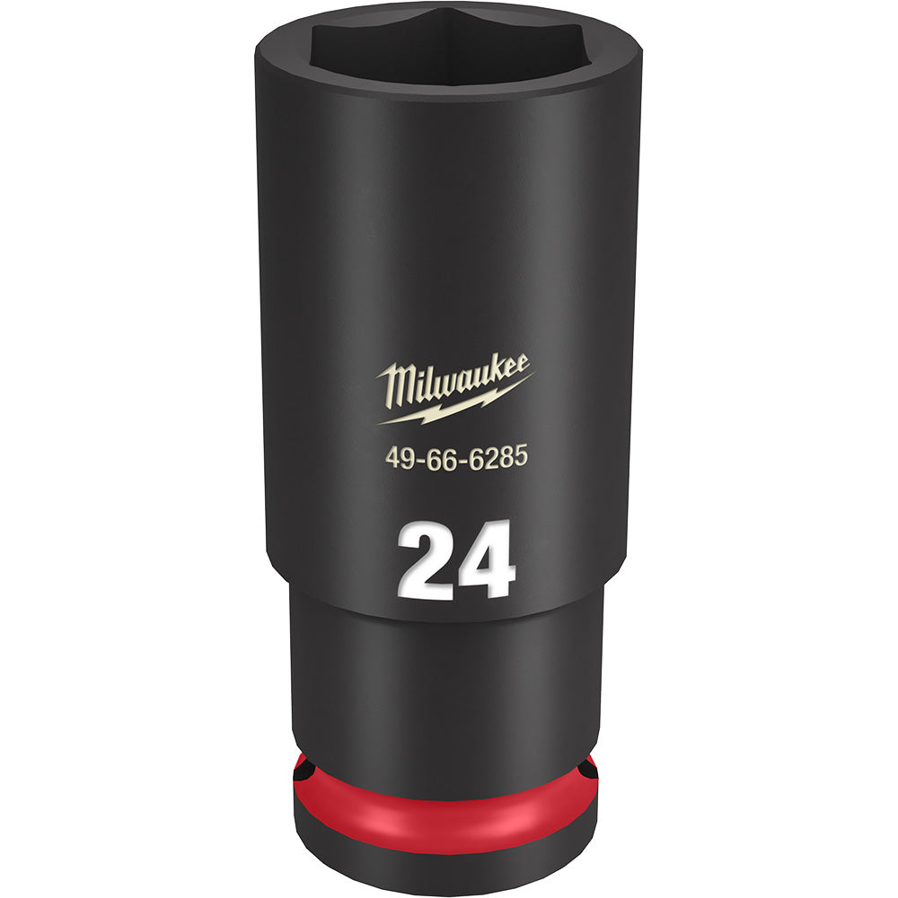Black Milwaukee deep socket with 24MM marking, hexagonal opening, and red grip ring at base.