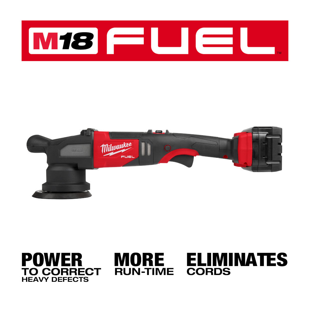 Milwaukee M18 FUEL cordless random orbital polisher with black pad and red battery mount shown from side angle.