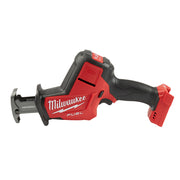 Red and black Milwaukee M18 FUEL reciprocating saw with blade slot and trigger grip, shown from the side.
