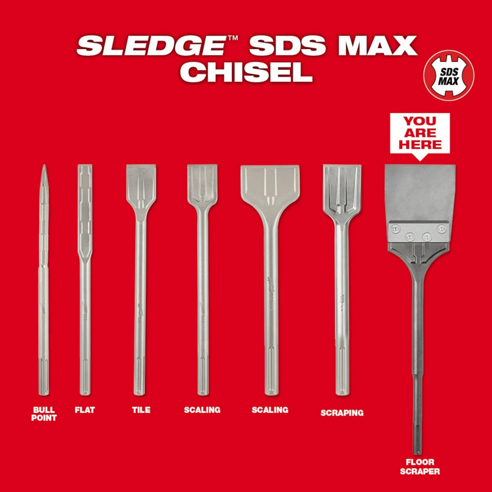 Row of seven SDS-Max chisel bits and floor scraper attachment displayed on red background.