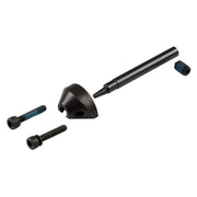 Black metal nibbler punch and die set with tapered punch tip, curved die head, and four threaded fasteners.