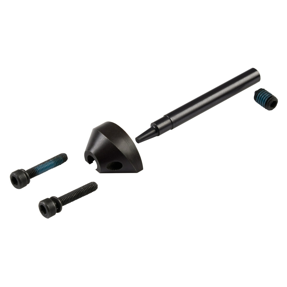Black metal nibbler punch and die set with tapered punch tip, curved die head, and four threaded fasteners.