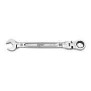 Silver 18mm combination wrench with open end, ratcheting box end, and flex head joint.