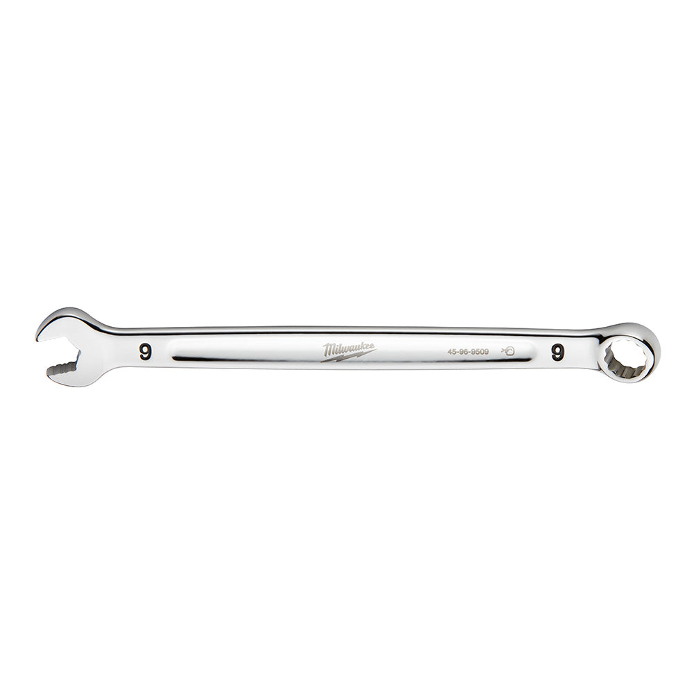 Silver 9mm combination wrench with open and closed ends, marked with "9" on both sides and Milwaukee branding.