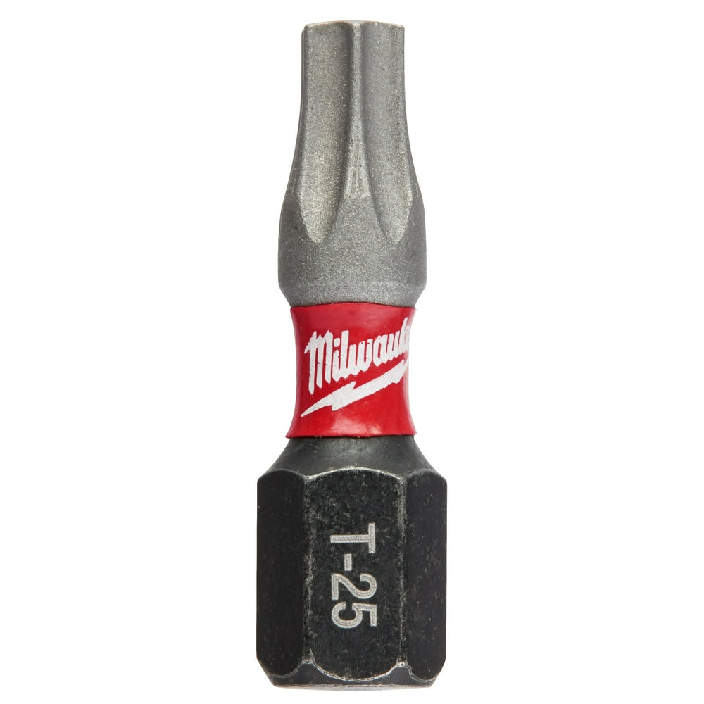 Milwaukee Shockwave T25 impact driver bit with gray tip, red band, and black hex base marked "T25."