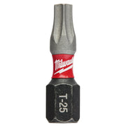 Milwaukee Shockwave T25 impact driver bit with gray tip, red band, and black hex base marked "T25."