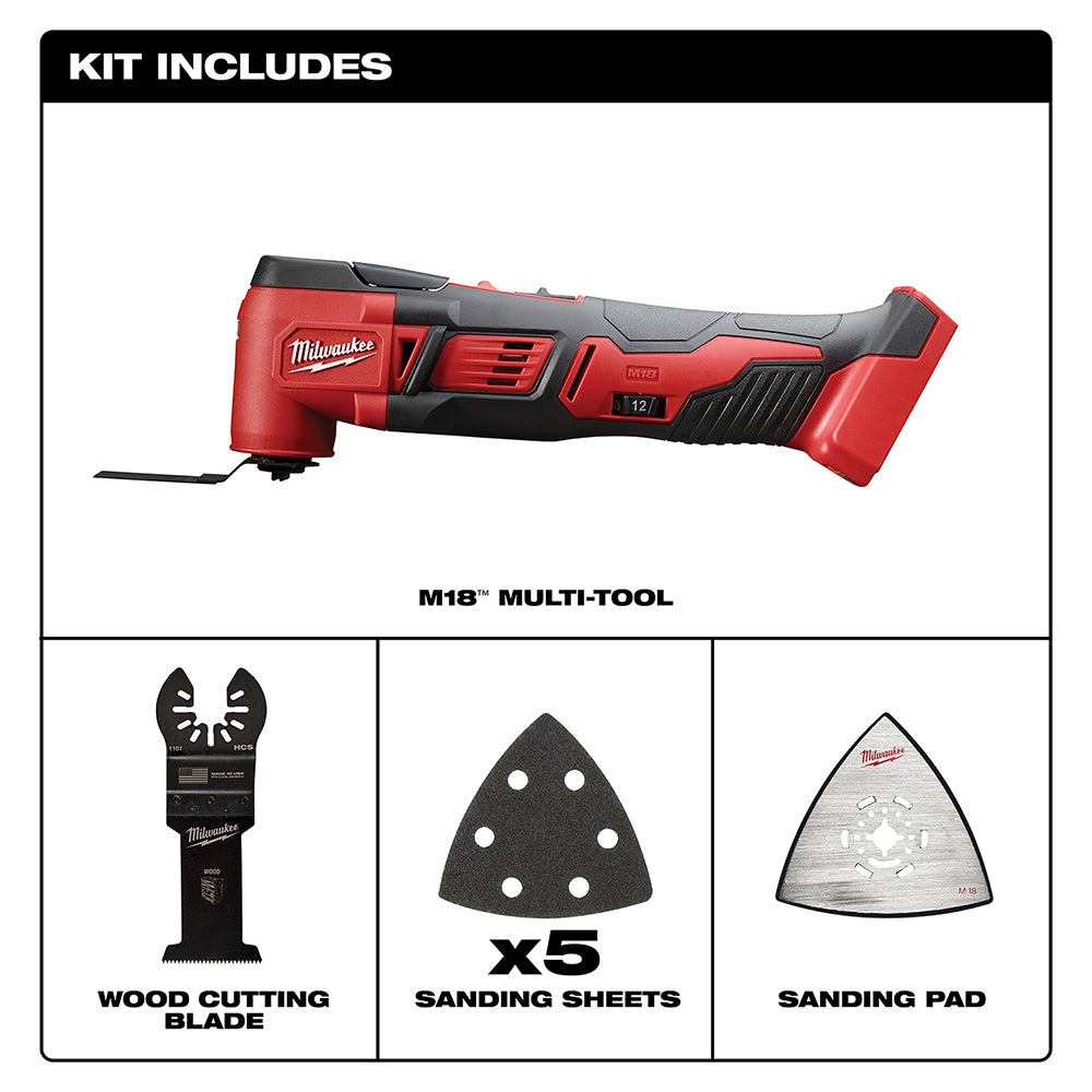 Red and black Milwaukee M18 multi-tool with wood cutting blade, five sanding sheets, and sanding pad included.