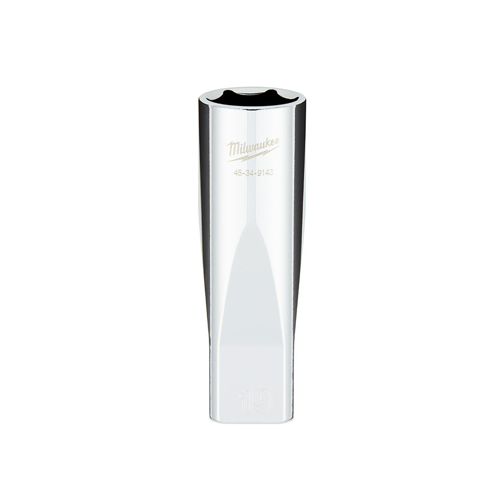 Milwaukee 1/2 in. drive 19MM deep socket with six-point opening and four flat sides on polished chrome body.