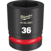 Black cylindrical socket with 36MM 6-point opening, red grip band, marked with Milwaukee logo and model number 49-66-6601.