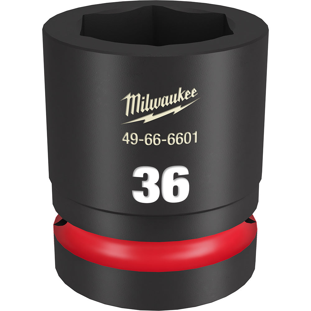 Black cylindrical socket with 36MM 6-point opening, red grip band, marked with Milwaukee logo and model number 49-66-6601.