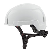 White hard hat with black chin strap and adjustment hardware visible from front angle.