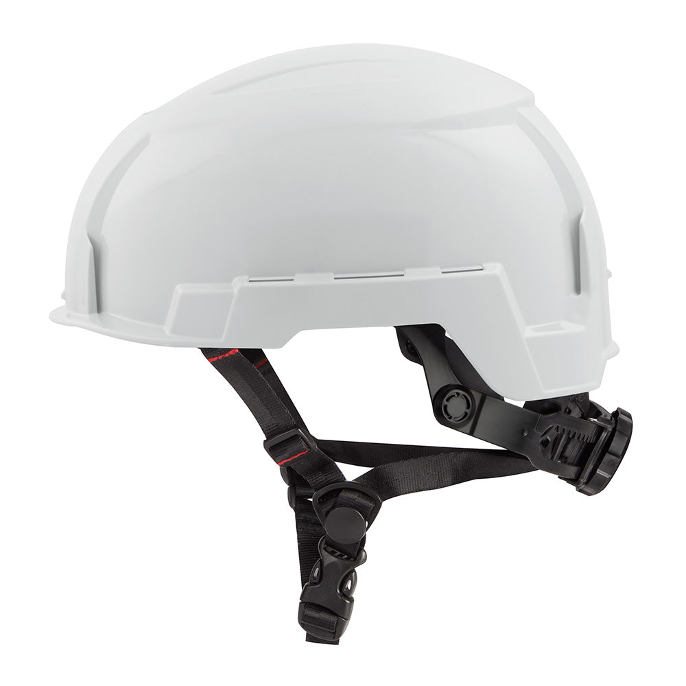 White hard hat with black chin strap and adjustment hardware visible from front angle.