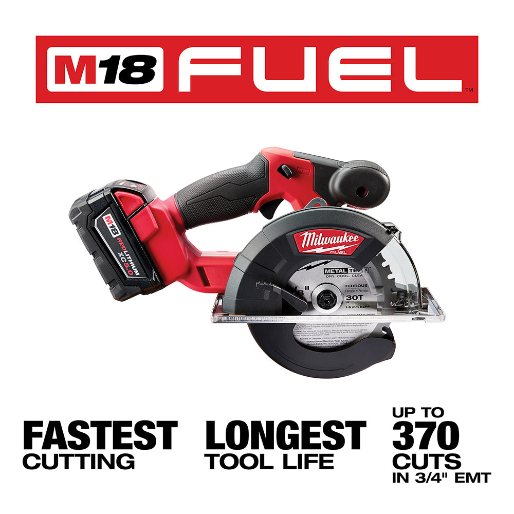 Milwaukee M18 FUEL metal circular saw with red and black housing, 30-tooth blade, and battery pack attached.