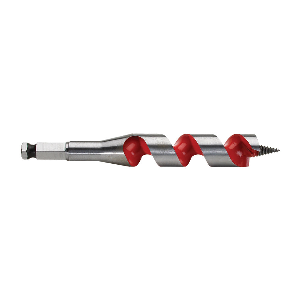 Metal ship auger bit with red flutes, hex shank, and screw tip for drilling wood.