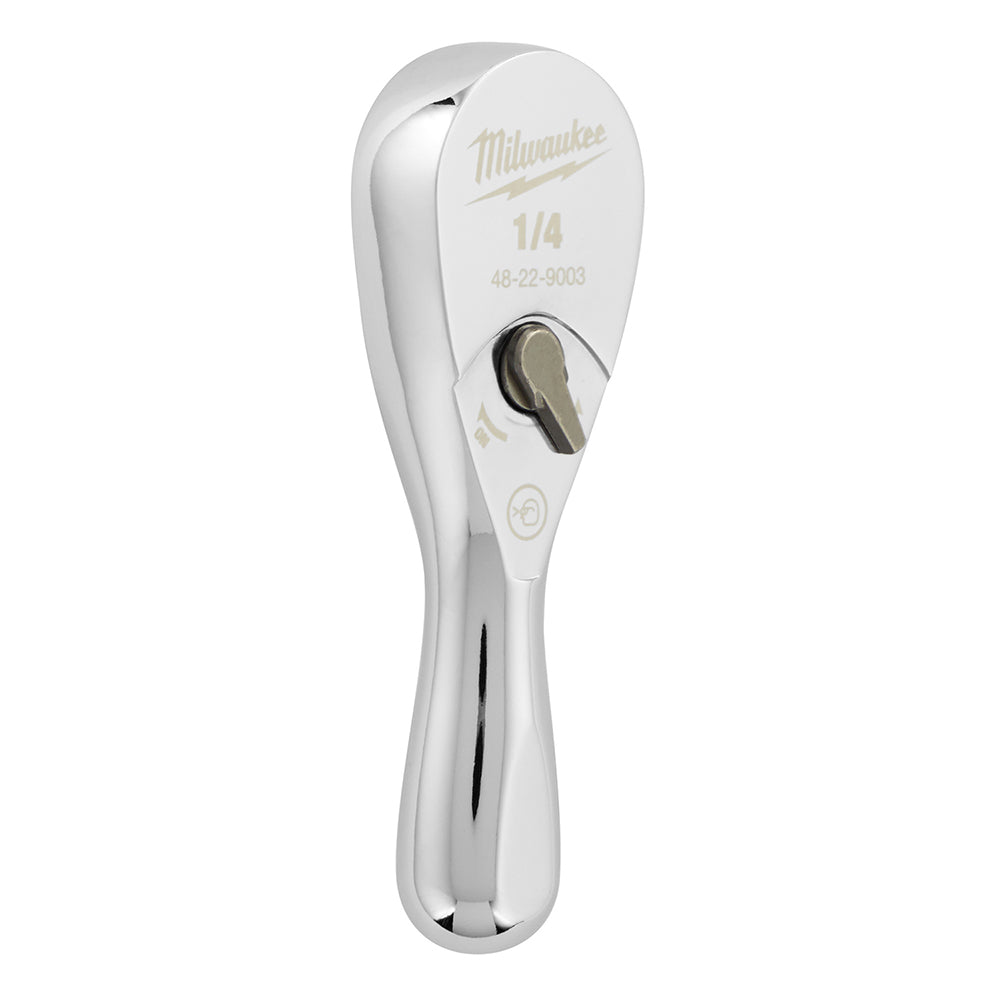 Milwaukee 1/4" drive ratchet with white handle and metal head featuring model number 48-22-9003.