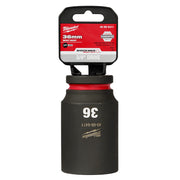 Milwaukee 36MM 3/4" drive deep impact socket with 6-point head and black finish, packaged with red and black label.