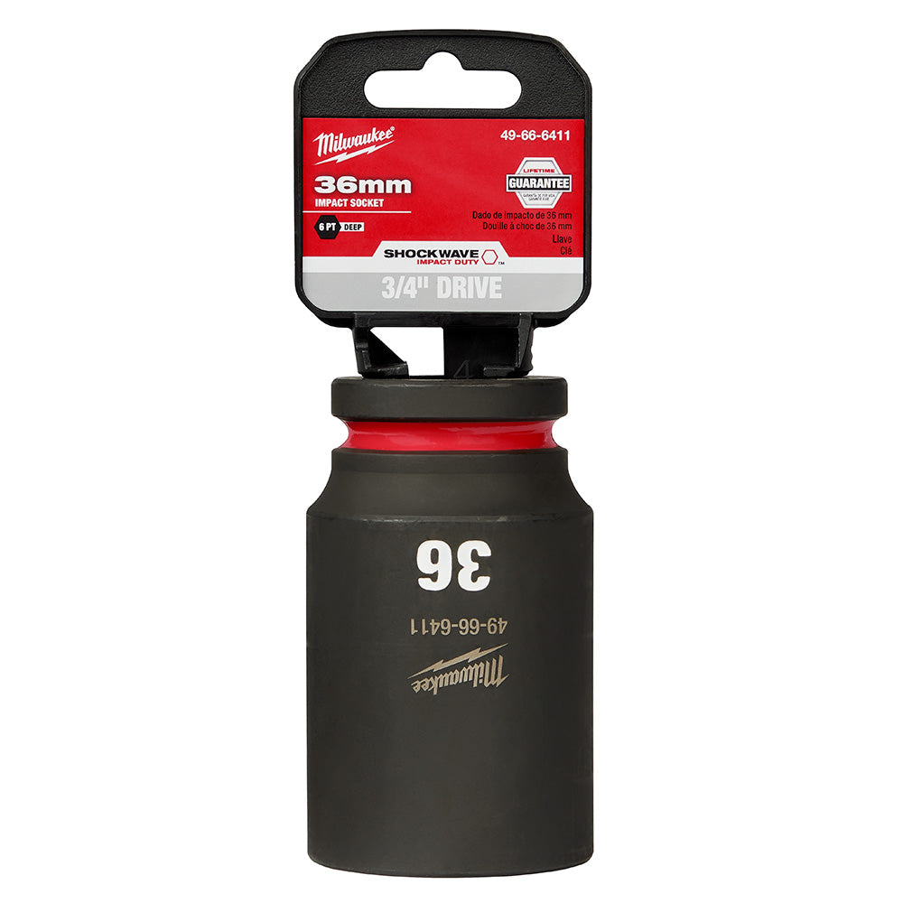 Milwaukee 36MM 3/4" drive deep impact socket with 6-point head and black finish, packaged with red and black label.