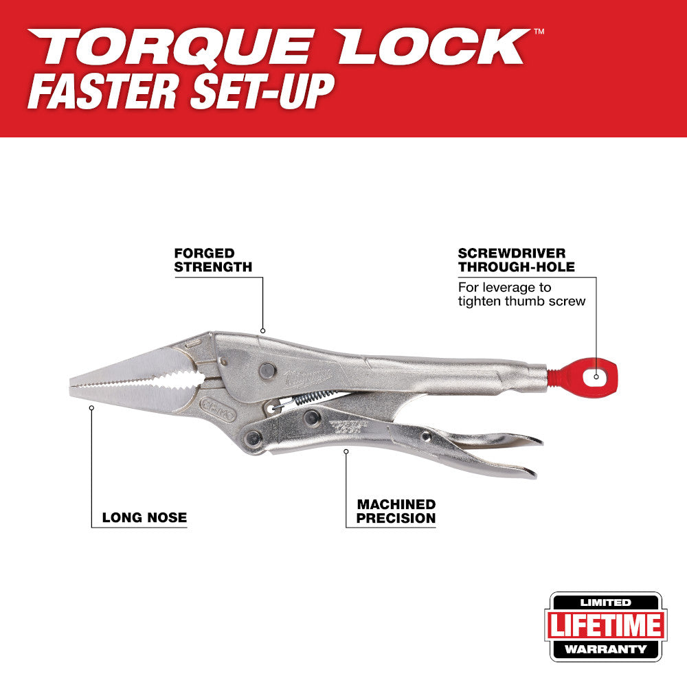 Silver metal locking pliers with long nose, red thumb screw, and labeled features for forged strength and machined precision.