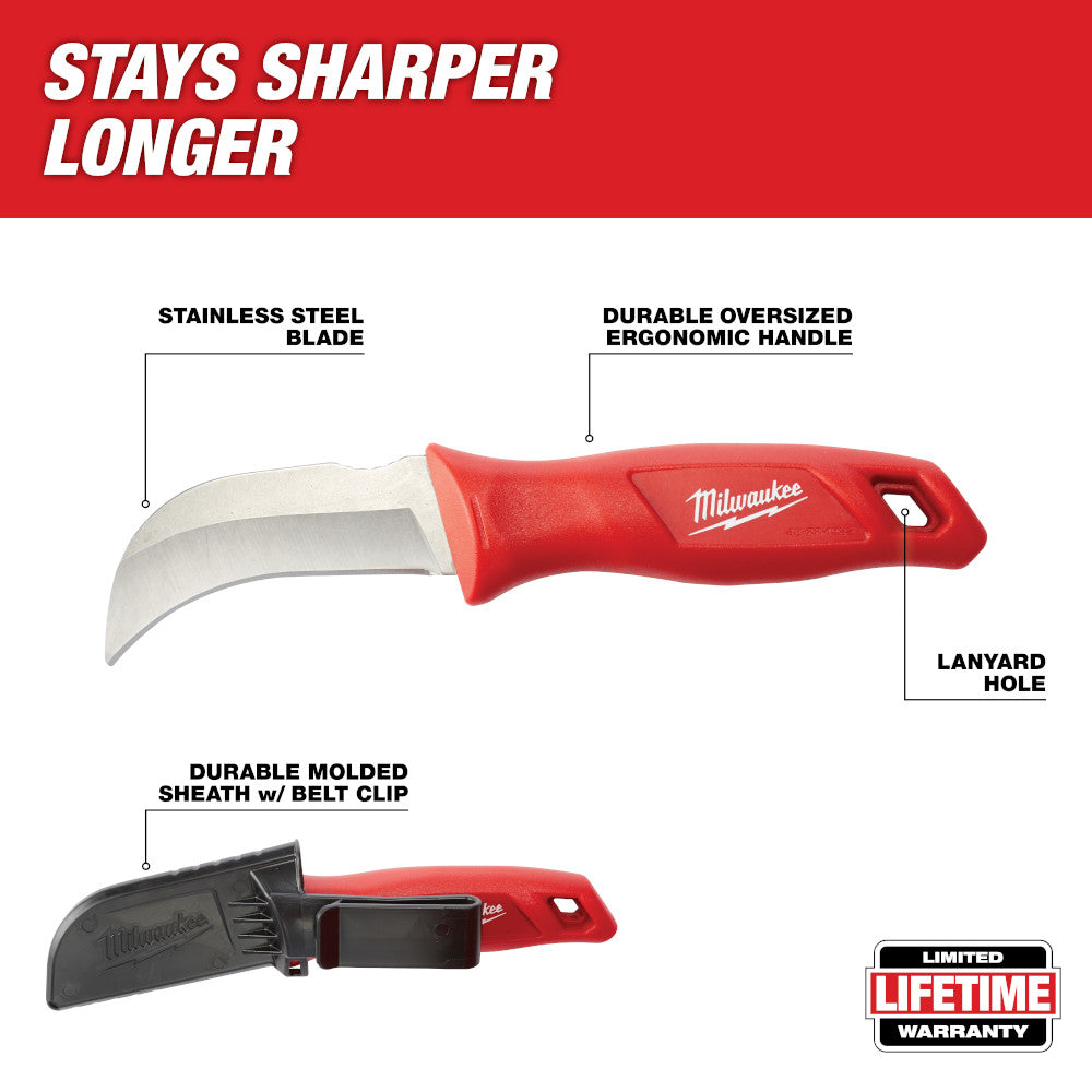 Milwaukee hawkbill fixed blade knife with red ergonomic handle, stainless steel curved blade, and black molded sheath with be