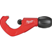 Red and black Milwaukee tubing cutter with curved cutting head and adjustment wheel for 1-1/2 inch copper pipes.