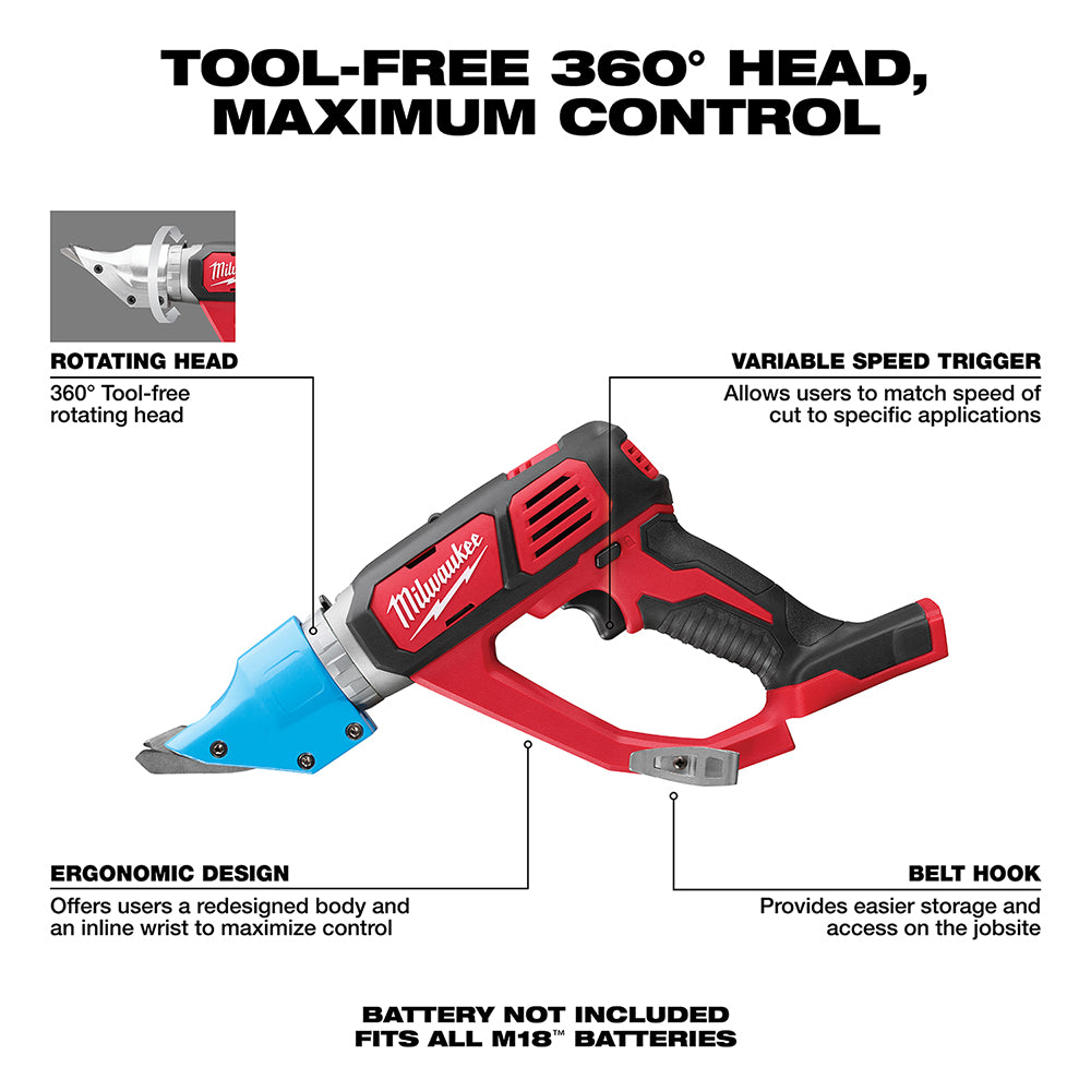 Milwaukee M18 cordless shear with red and black body, rotating blue cutting head, variable speed trigger, and belt hook.