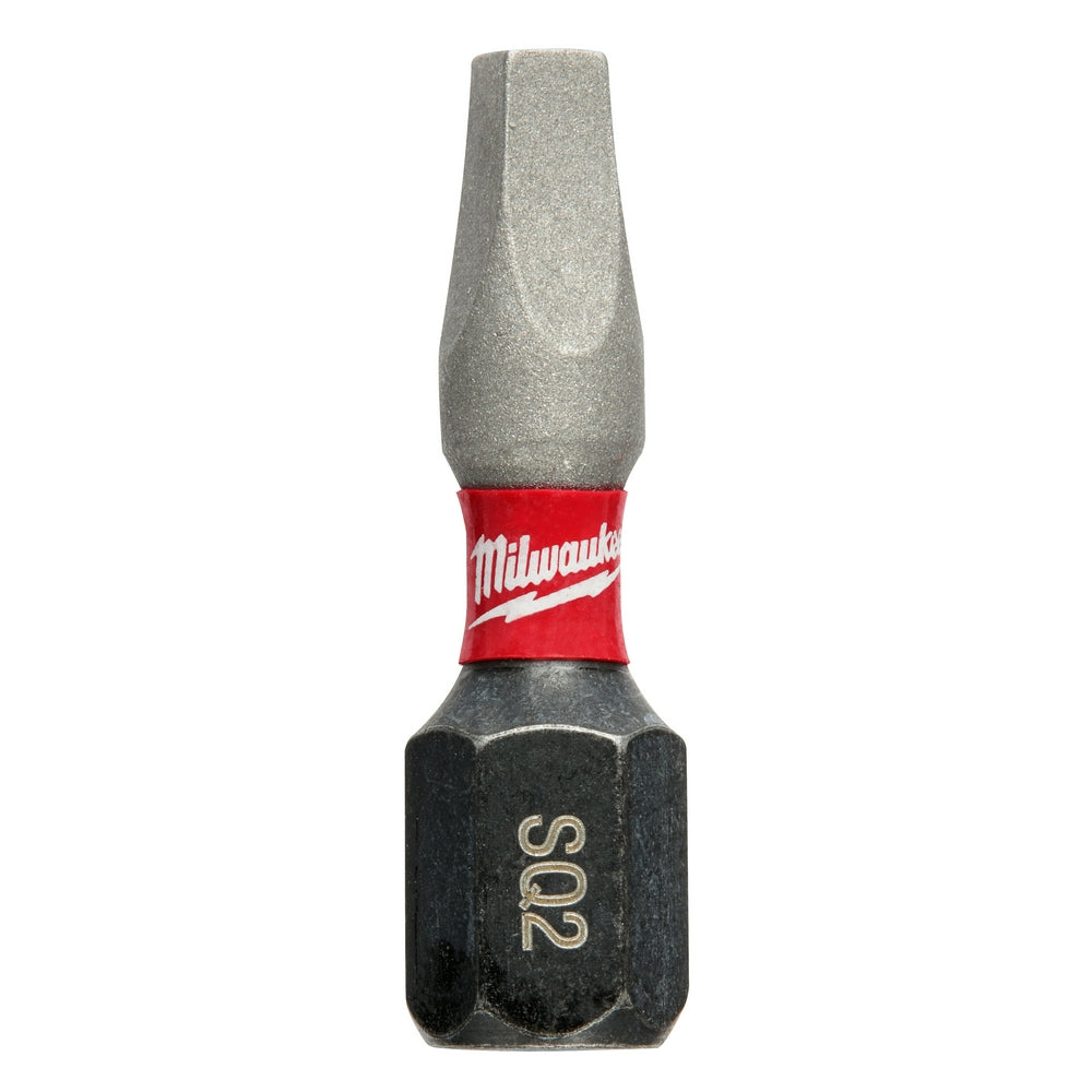 Milwaukee Shockwave Impact square recess #2 insert bit with gray tip, red band, and black hexagonal shaft marked "S02".