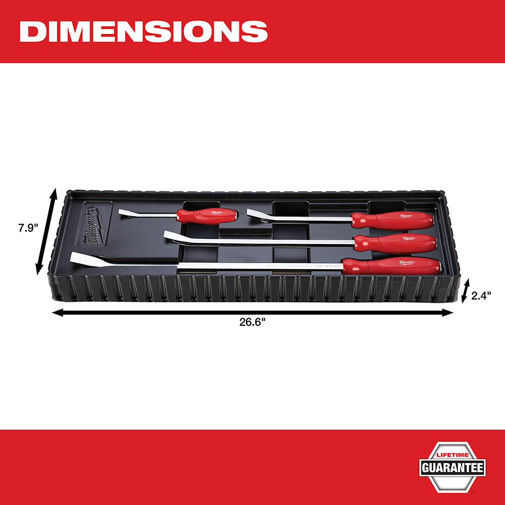 Four pry bars with red handles in black foam-lined carrying case, 26.6" x 7.9" x 2.4".