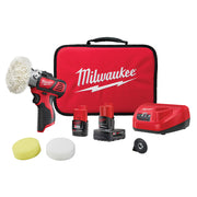 Milwaukee M12 cordless polisher/sander kit with red carrying case, two batteries, charger, and three polishing pads.