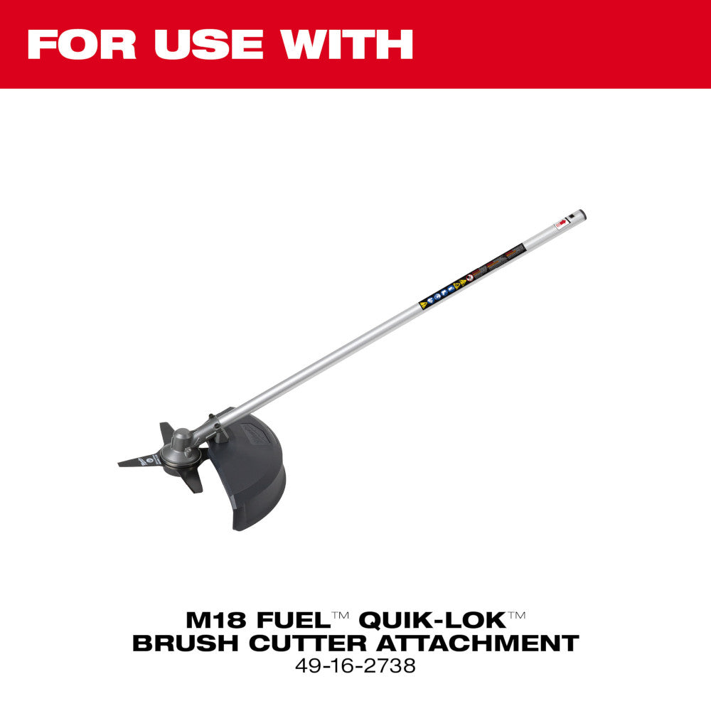 Milwaukee brush cutter blade with silver shaft, black cutting head, and grip handle for string trimmer attachment.