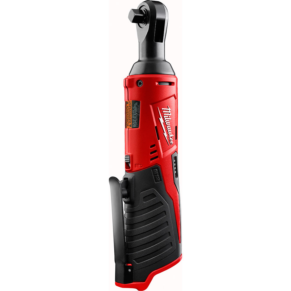 Red and black Milwaukee M12 cordless ratchet with 3/8 inch drive head and grip handle.