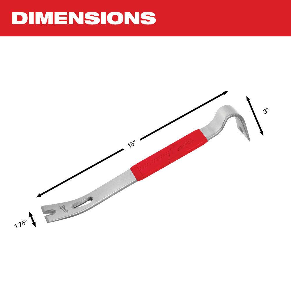 Steel pry bar with red grip handle, curved claw head, and flat chisel end.