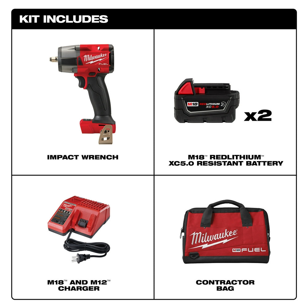 Milwaukee M18 FUEL 3/8" mid-torque impact wrench in red with black grip, two batteries, dual charger, and red contractor bag.