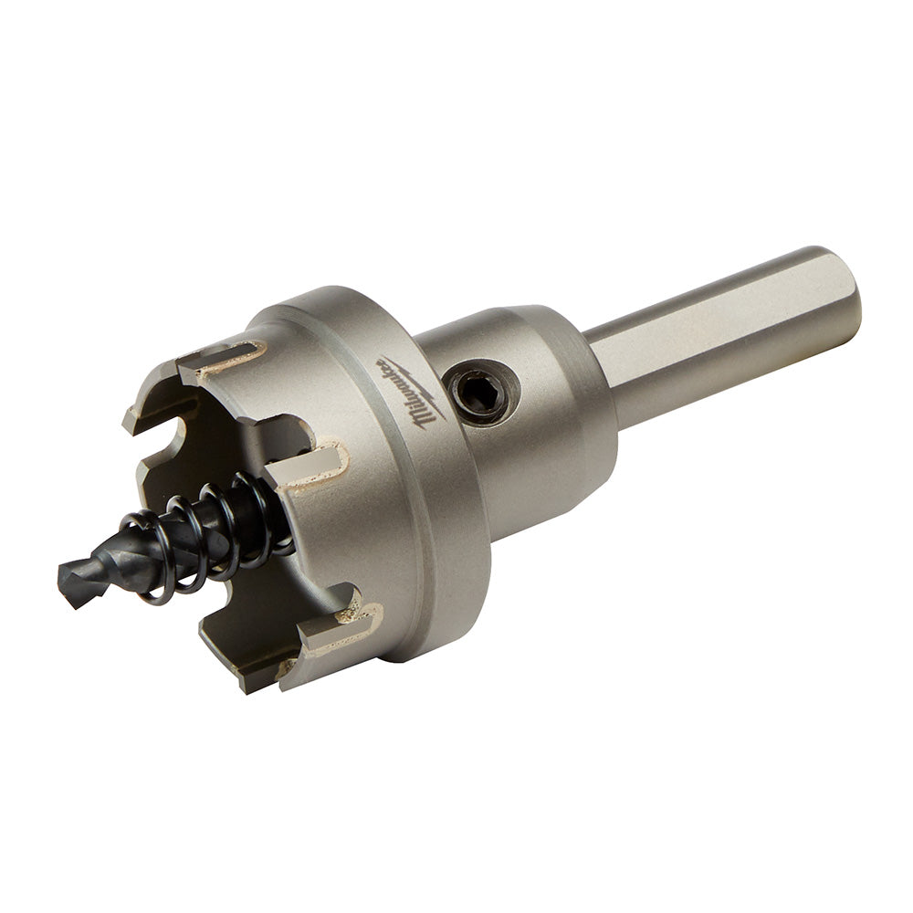 Silver and black one-piece carbide hole cutter with cylindrical shank and fluted cutting head.