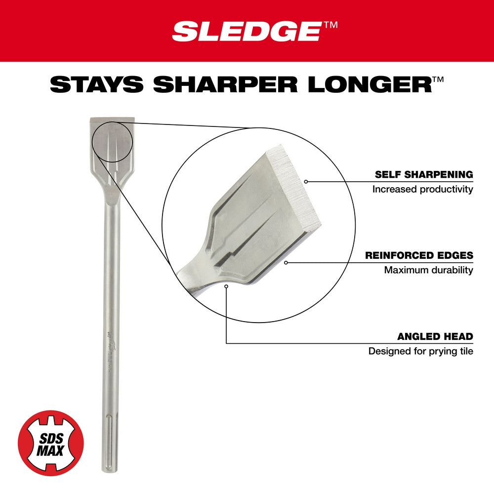 SDS-Max tile chisel with 2-inch wide angled head and reinforced edges on long metal shaft.