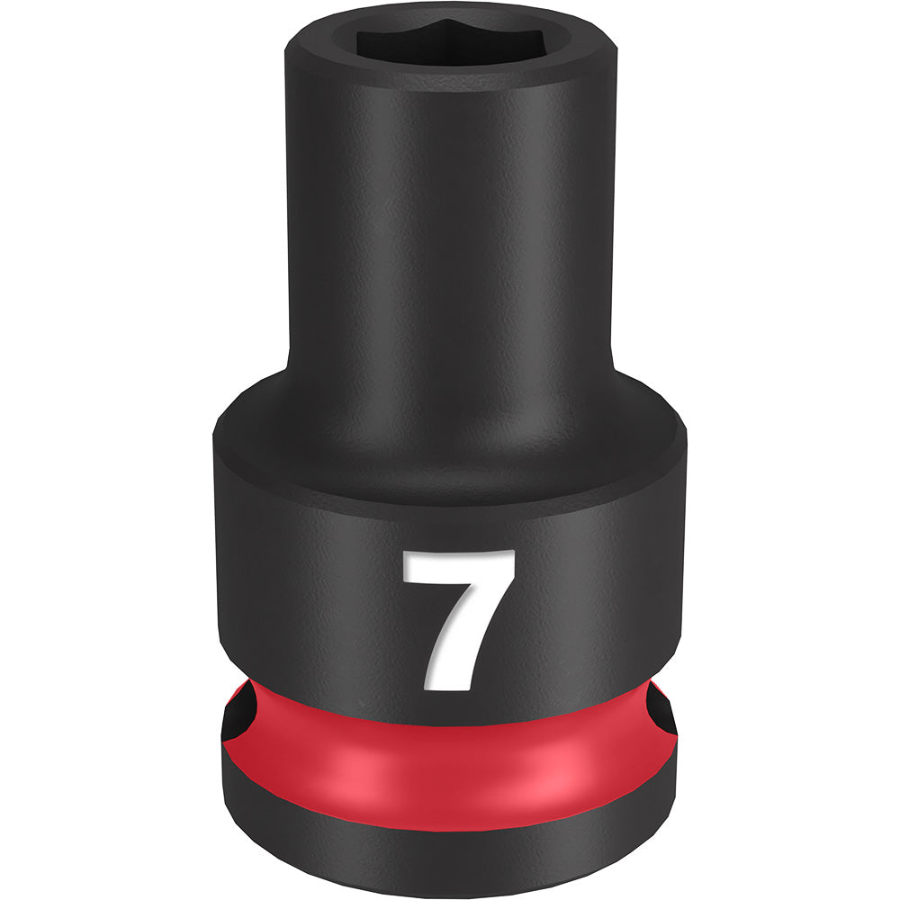 Black 7MM socket with 3/8" drive and 6-point hexagonal opening, red grip band near base.