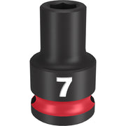 Black 7MM socket with 3/8" drive and 6-point hexagonal opening, red grip band near base.