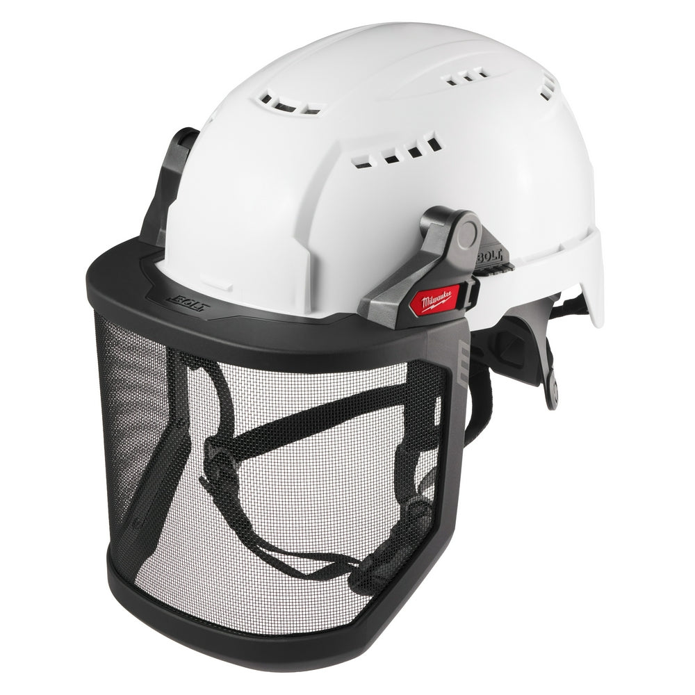 Black metal mesh full face shield attached to white safety helmet with adjustable mounting bracket.