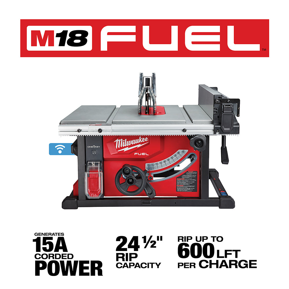 Red and black Milwaukee M18 FUEL table saw with aluminum top, blade guard, hand wheel, and ONE-KEY wireless module on left si