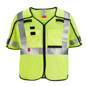 Bright yellow mesh safety vest with reflective gray stripes, multiple front pockets, black trim, and breakaway closures on sh