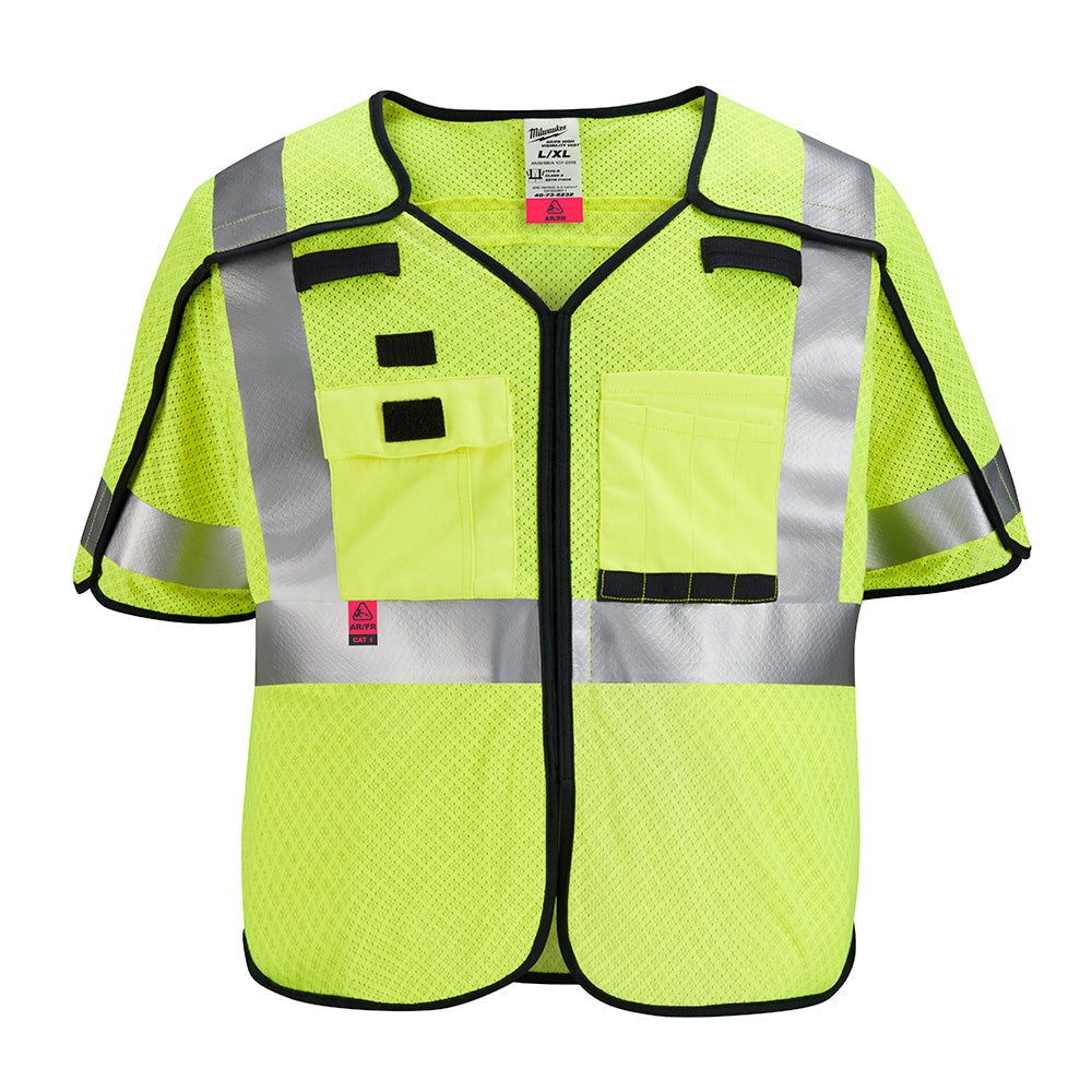 Bright yellow mesh safety vest with reflective silver stripes, multiple pockets, and black trim on front view.