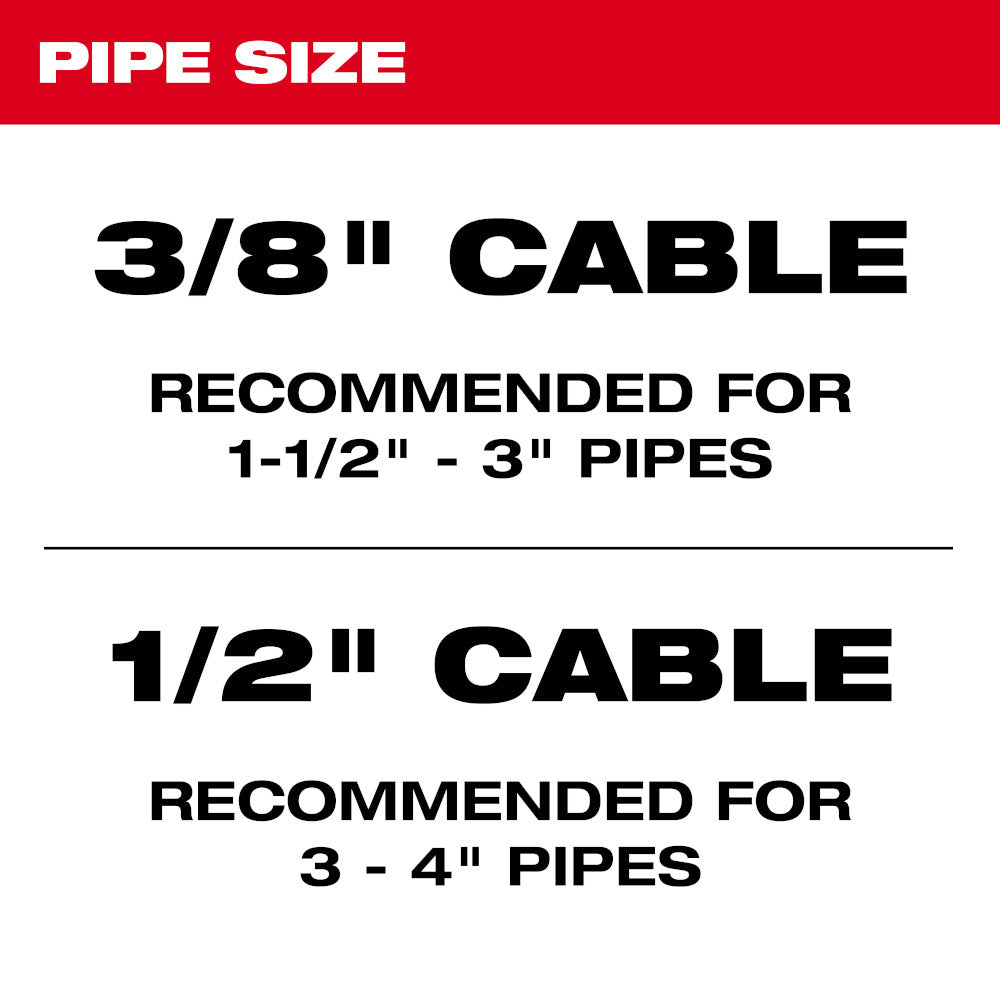 3/8" cable size specification chart showing recommended applications for 1-1/2" to 3" and 3" to 4" pipes.