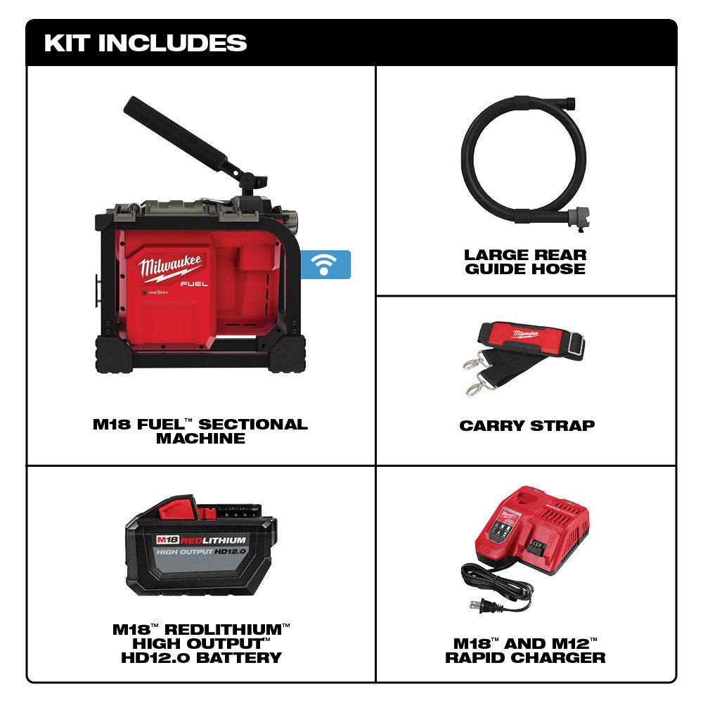 Red and black M18 FUEL sectional machine with large rear guide hose, carry strap, battery, and rapid charger included.