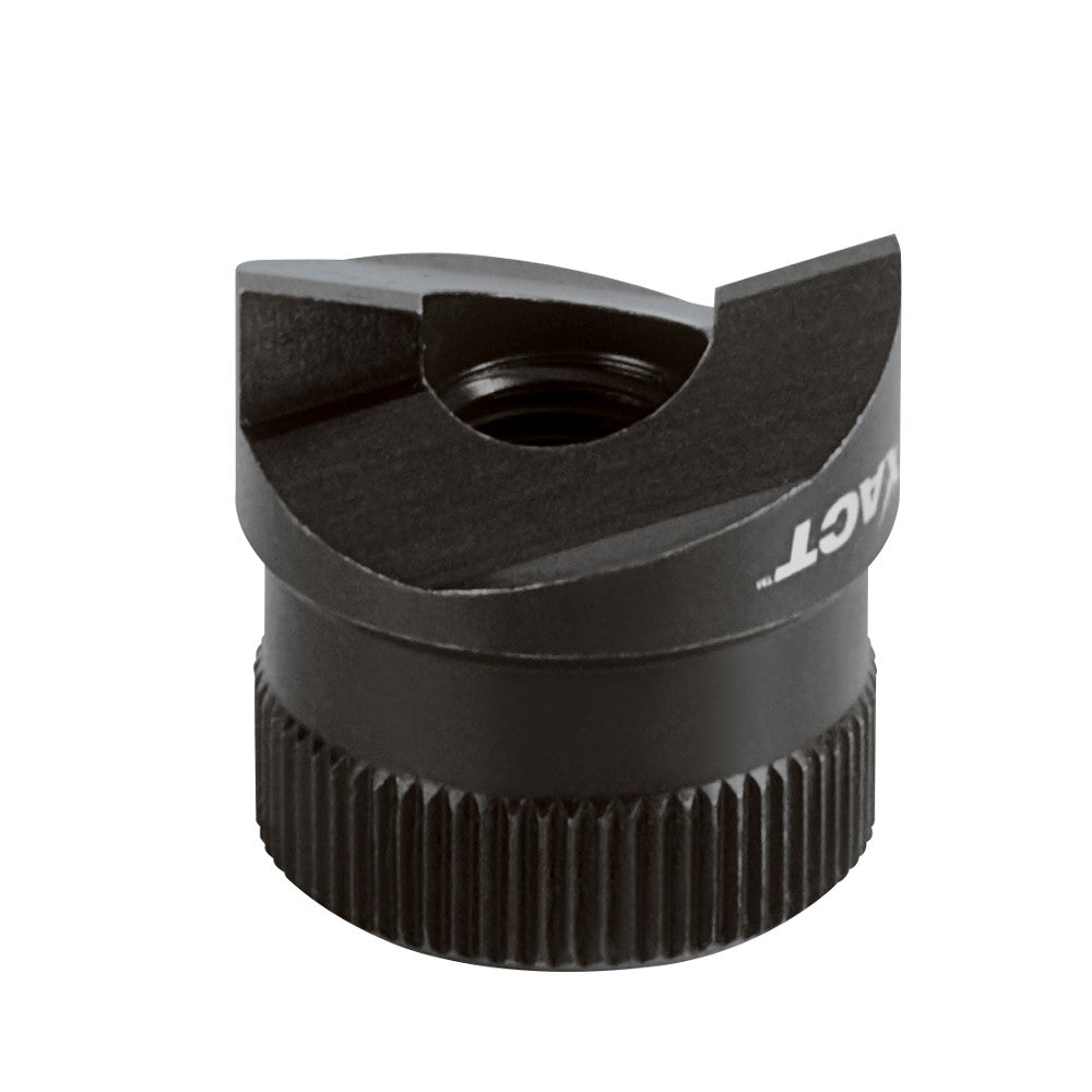 Black metal sink punch tool with cylindrical body, ridged grip base, and curved cutting head with center hole.