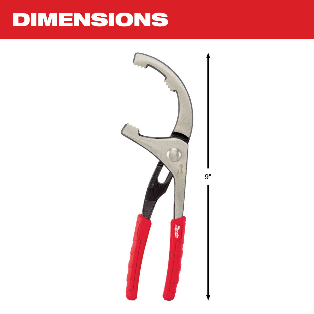Milwaukee PVC/oil filter pliers with metal head and red handles, 9 inches long.